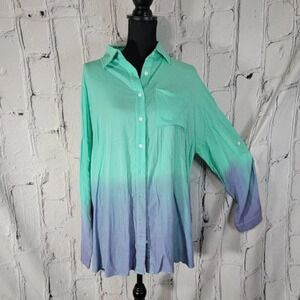 WHITE‎ BIRCH Womens M Long Sleeve Flowy Relaxed Ombre Fun Button Down Blouse Top